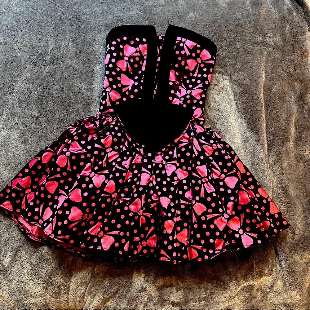 Vintage Hot Pink & Black Strapless Mini Dress Large Bow Barbie Girly Small Glam